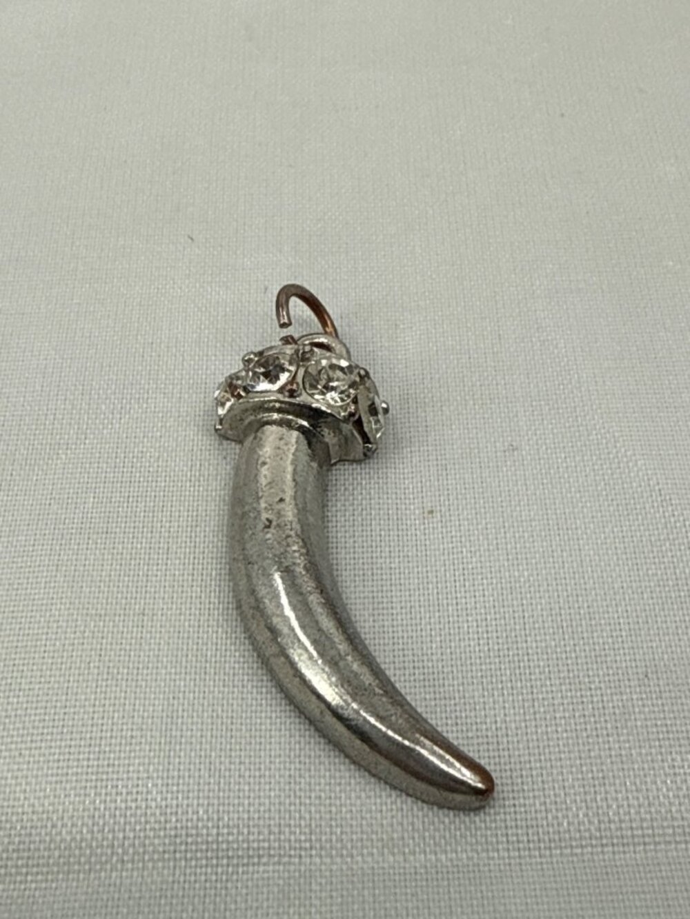 Vintage Silver Tone Rhinestone Italian Horn Cornicello Protection Charm Pendant